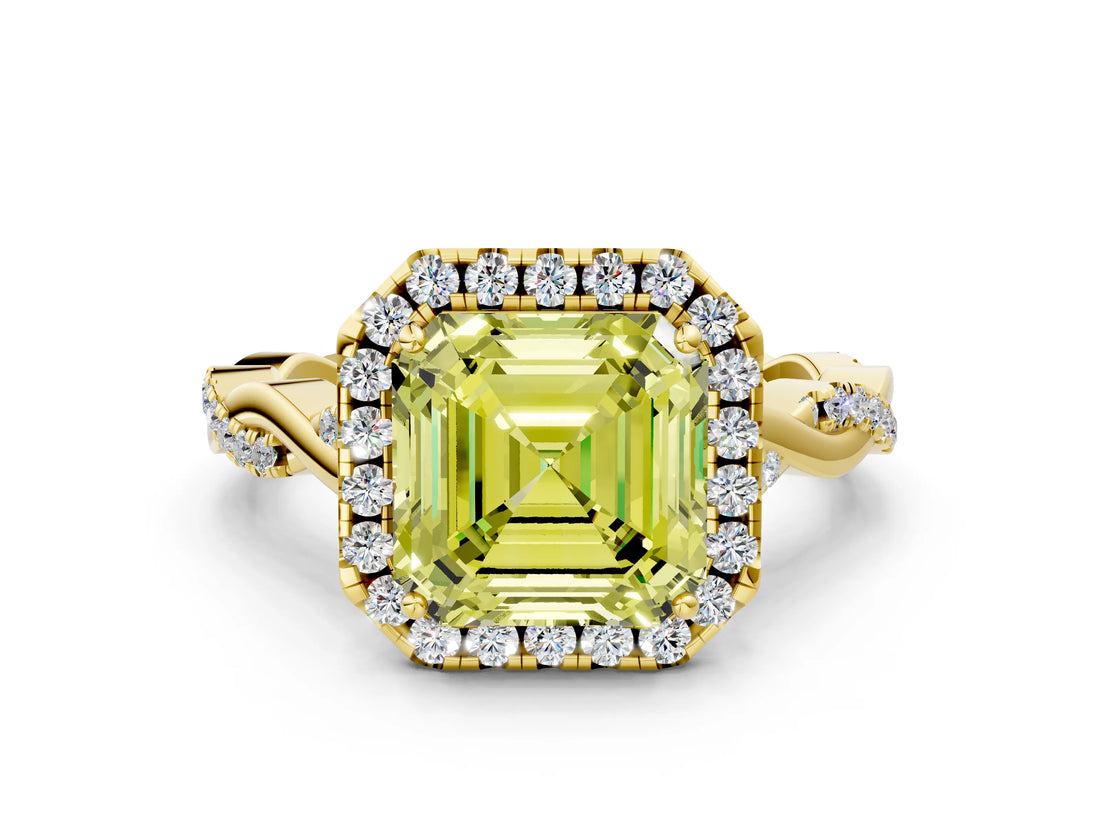 Yellow gold Fancy Yellow Asscher Cut Halo Twist Band with Four-Prong Setting_12