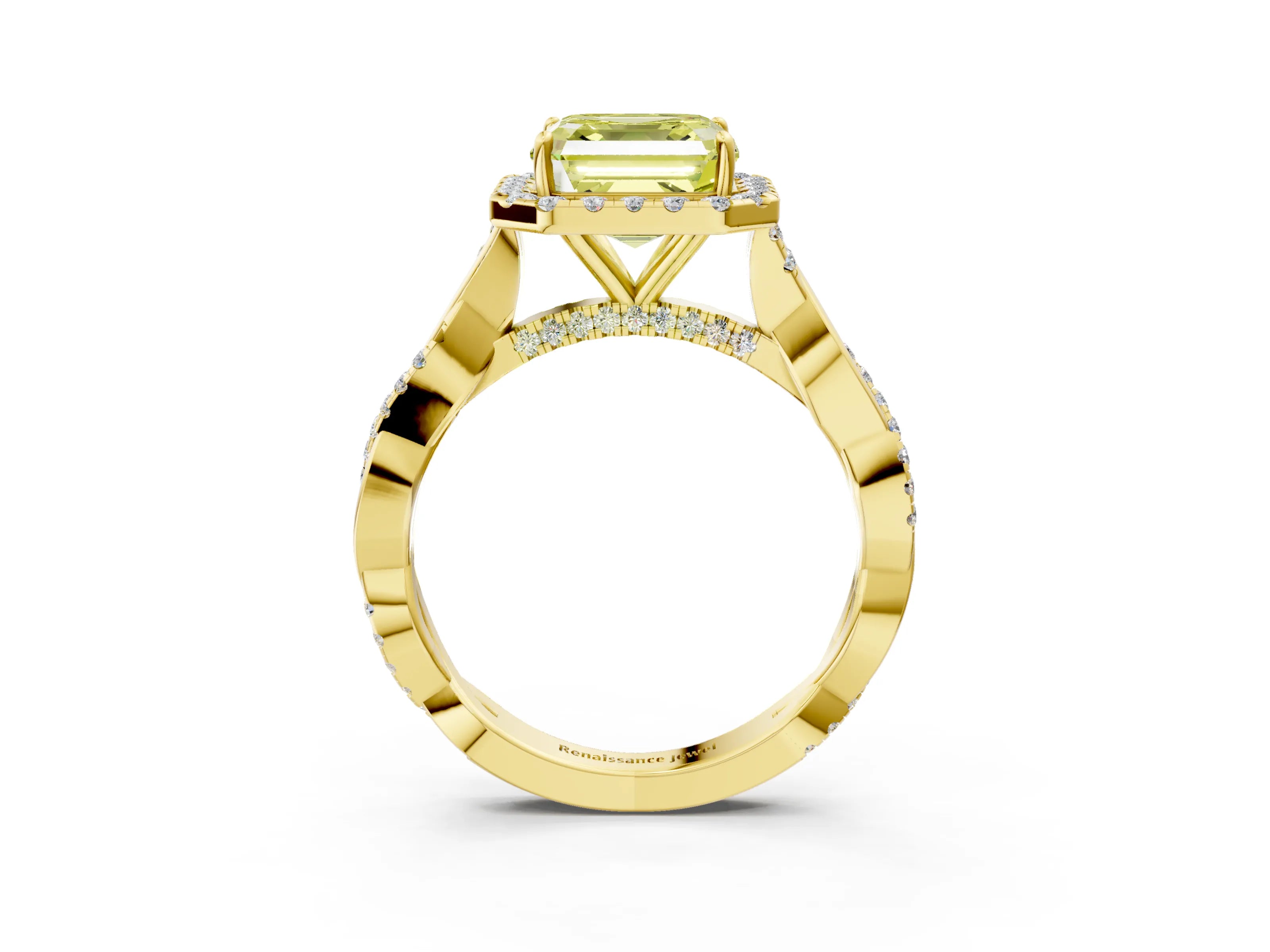 Yellow gold Fancy Yellow Asscher Cut Halo Twist Band with Four-Prong Setting_3