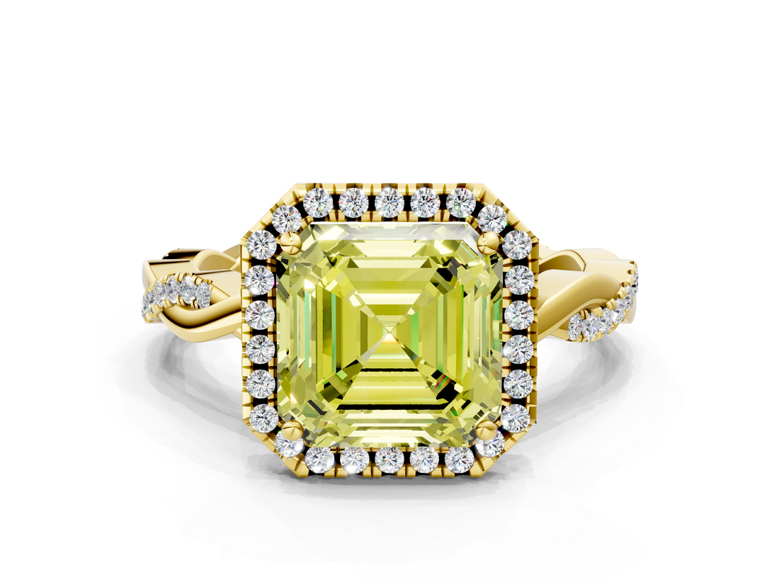 Yellow gold Fancy Yellow Asscher  Cut Halo Twisted Band Four-Prong Ring