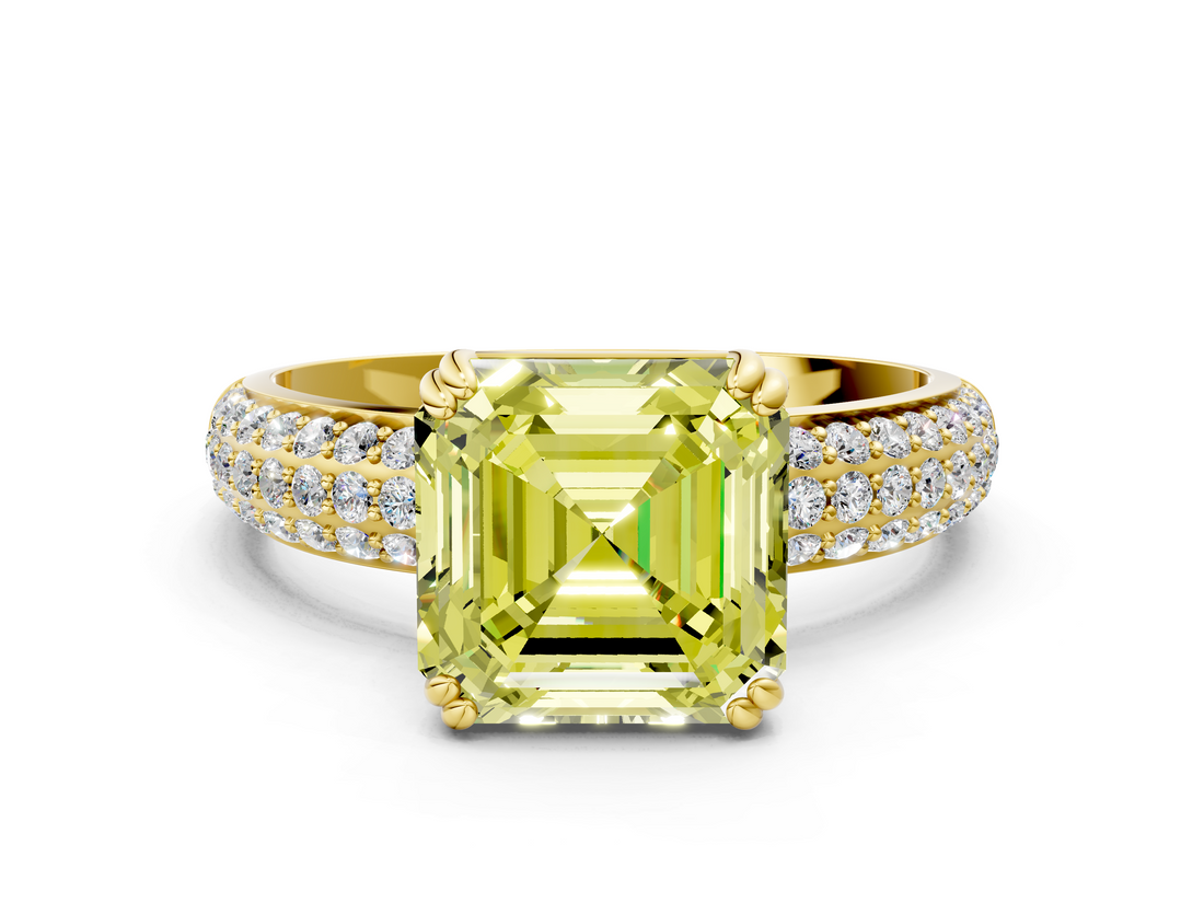 Yellow gold Fancy Yellow Asscher  Cut Pave Diamond Engagement Ring with Channel Set Band and Four-Prong Setting