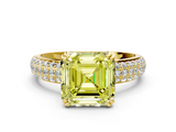 Yellow gold Fancy Yellow Asscher  Cut Pave Diamond Engagement Ring with Channel Set Band and Four-Prong Setting