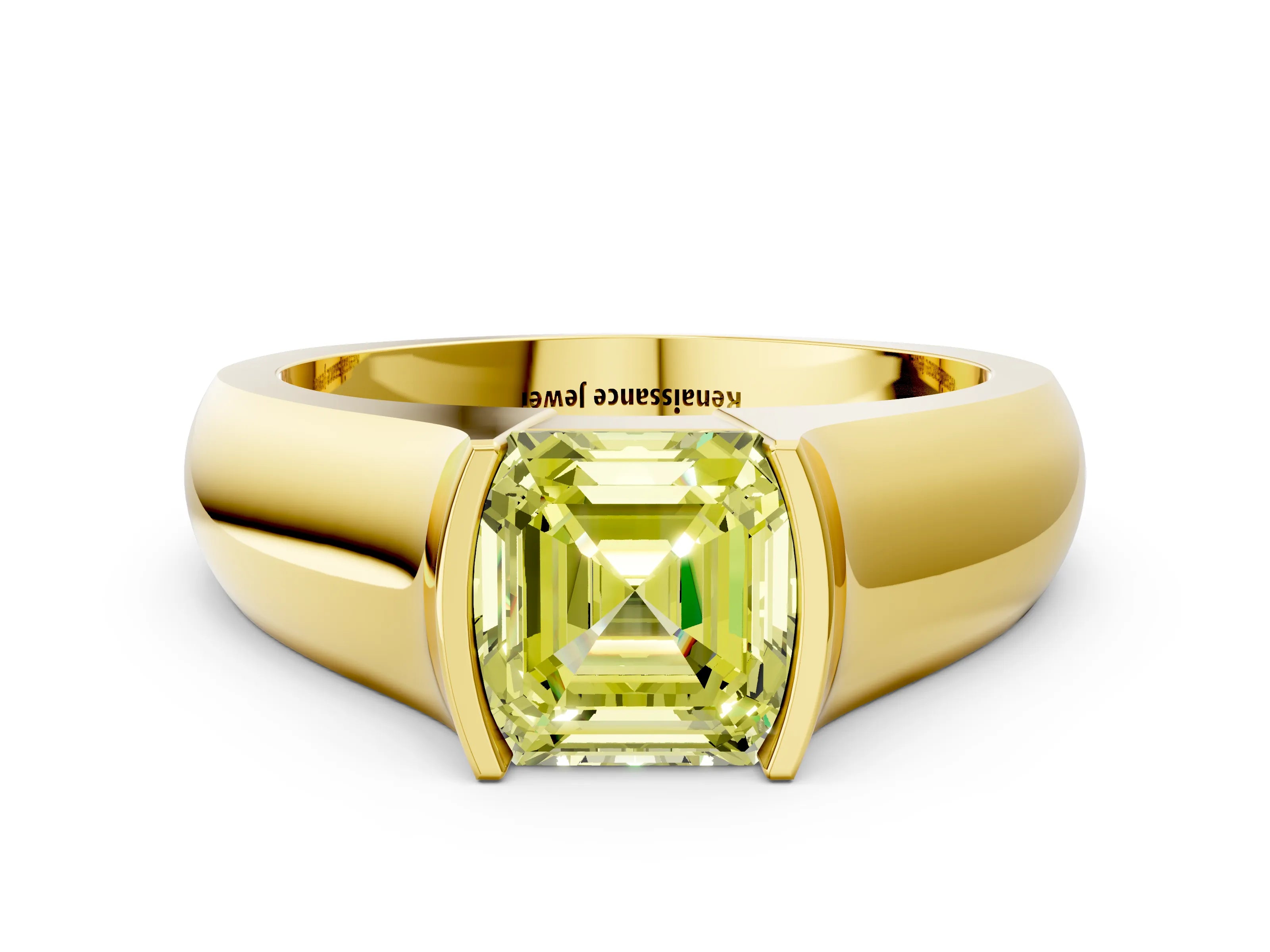 Yellow gold Fancy Yellow Asscher Cut Solitaire Bezel Set Diamond Ring with Wide Band