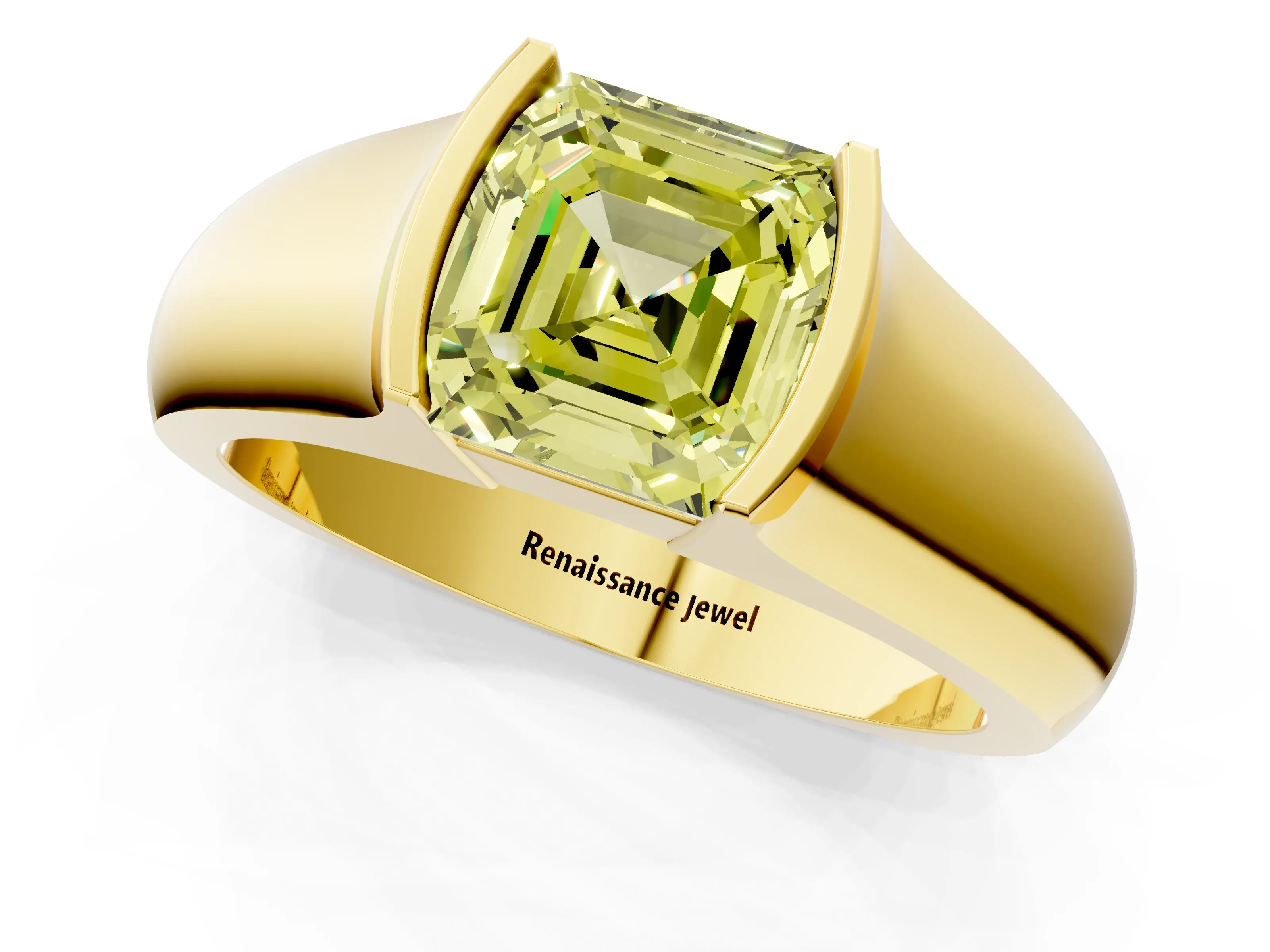 Yellow gold Fancy Yellow Asscher Cut Solitaire Bezel Set Diamond Ring with Wide Band_1