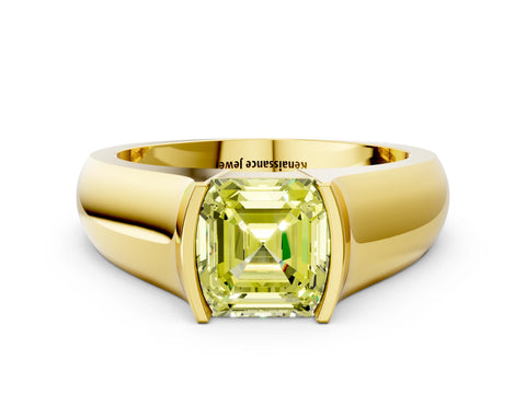 Yellow gold Fancy Yellow Asscher Cut Solitaire Bezel Set Diamond Ring with Wide Band