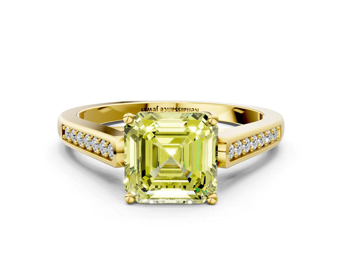 Yellow gold Fancy Yellow Asscher Cut Solitaire Cathedral Diamond Engagement Ring with Channel-Set Band and Four-Prong Setting_3