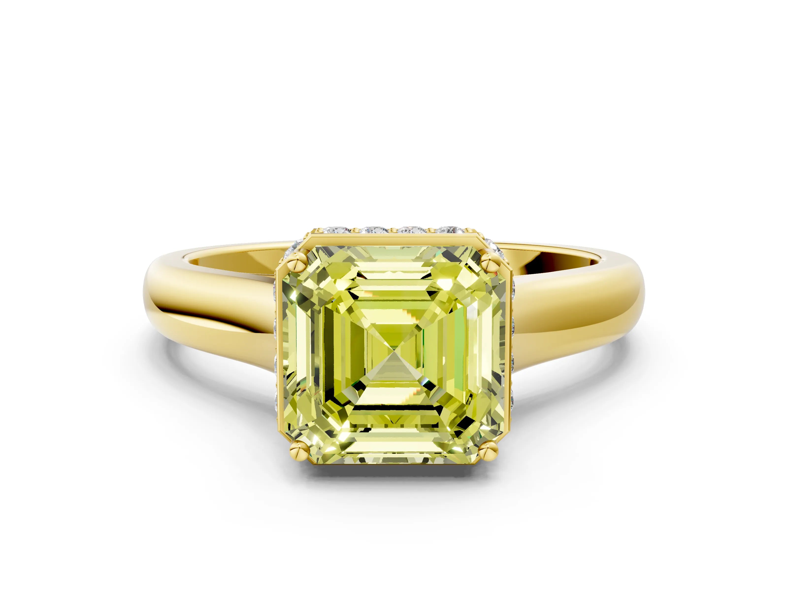 Yellow gold Fancy Yellow Asscher Cut Solitaire Diamond Engagement Ring with Four-Prong Setting and Tapered Band
