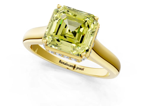 Yellow gold Fancy Yellow Asscher Cut Solitaire Diamond Engagement Ring with Four-Prong Setting and Tapered Band_1