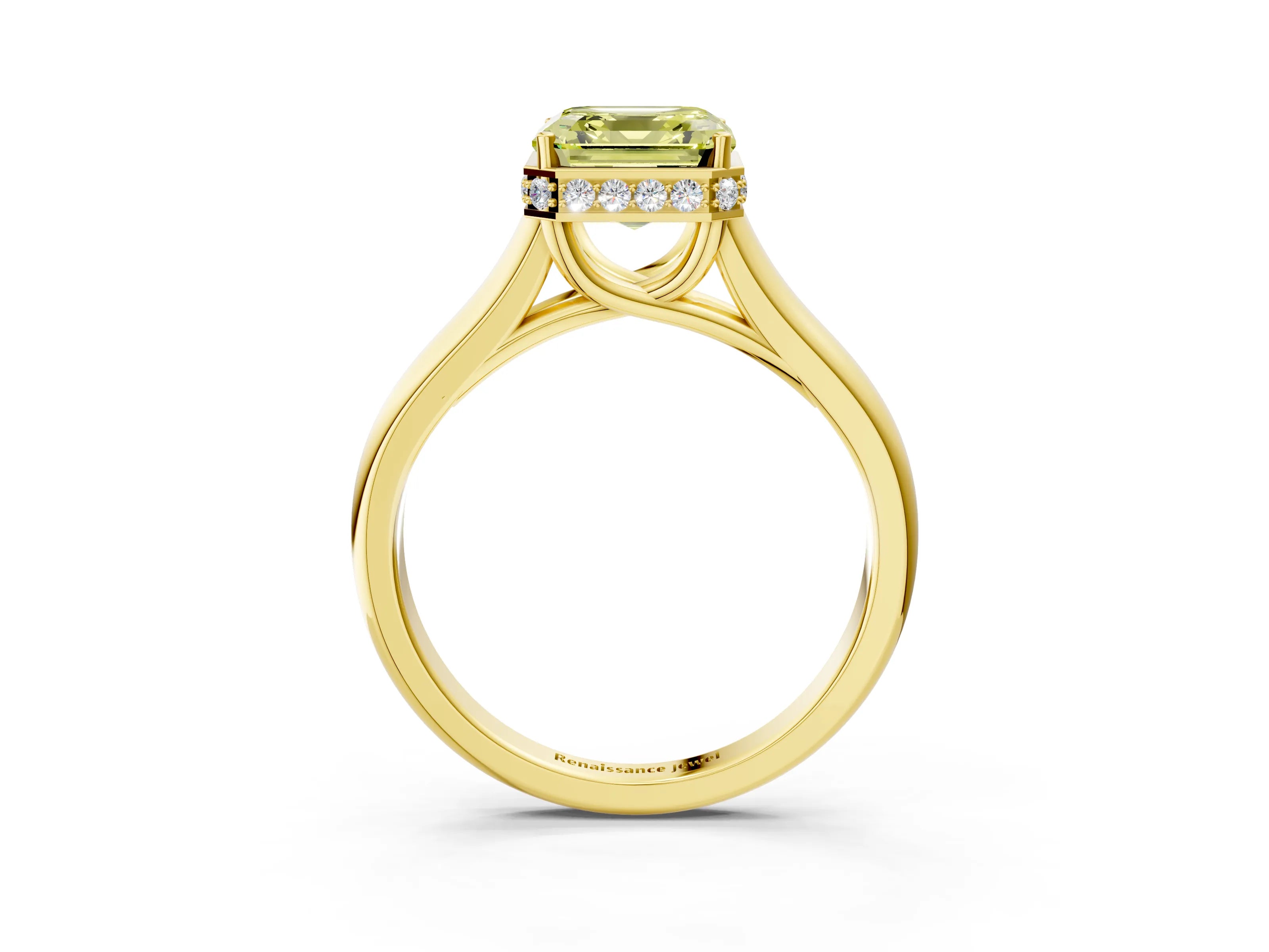 Yellow gold Fancy Yellow Asscher Cut Solitaire Diamond Engagement Ring with Four-Prong Setting and Tapered Band_3