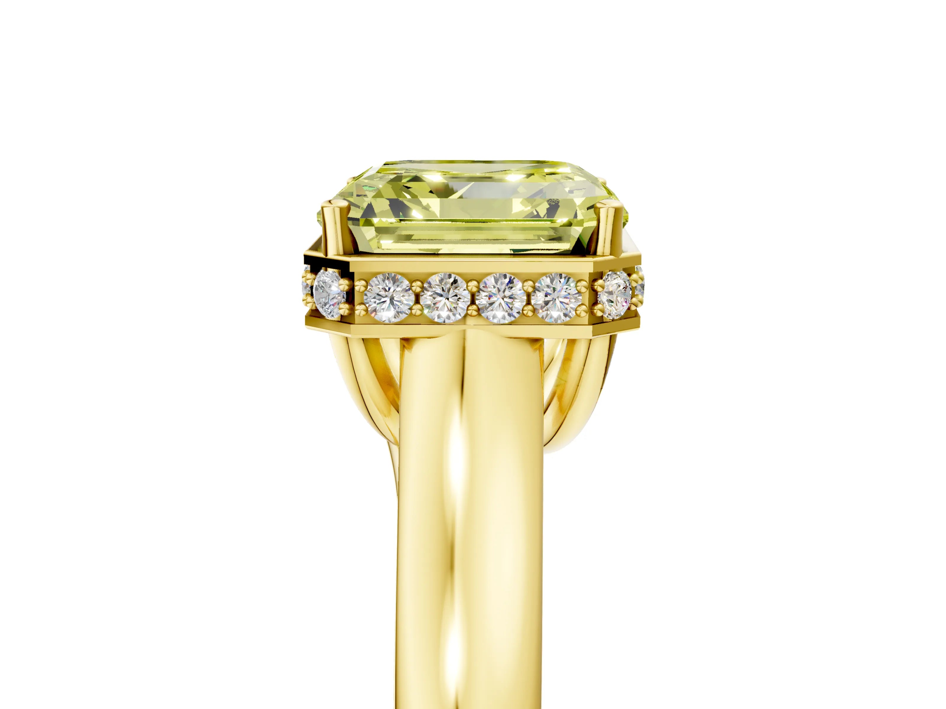 Yellow gold Fancy Yellow Asscher Cut Solitaire Diamond Engagement Ring with Four-Prong Setting and Tapered Band_5