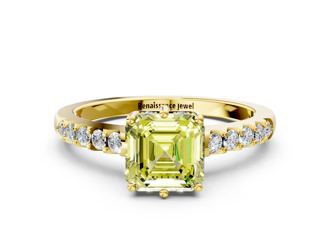 Yellow gold Fancy Yellow Asscher Cut Solitaire Diamond Engagement Ring with Pavé Band and Six-Prong Setting_24