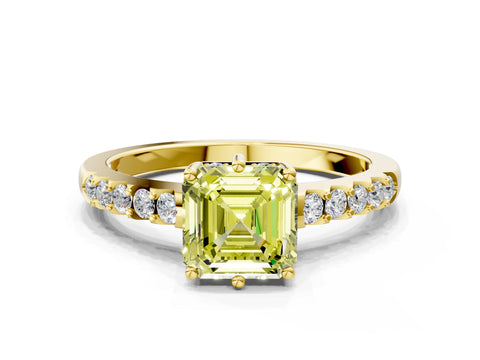 Yellow gold Fancy Yellow Asscher Cut Solitaire Diamond Engagement Ring with Pavé Band and Six-Prong Setting
