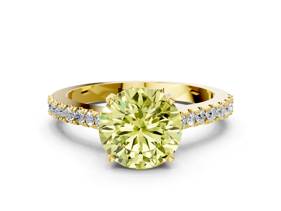 Yellow gold Fancy Yellow Asscher  Cut Solitaire Diamond Engagement Ring with Pave Band and Four-Prong Setting