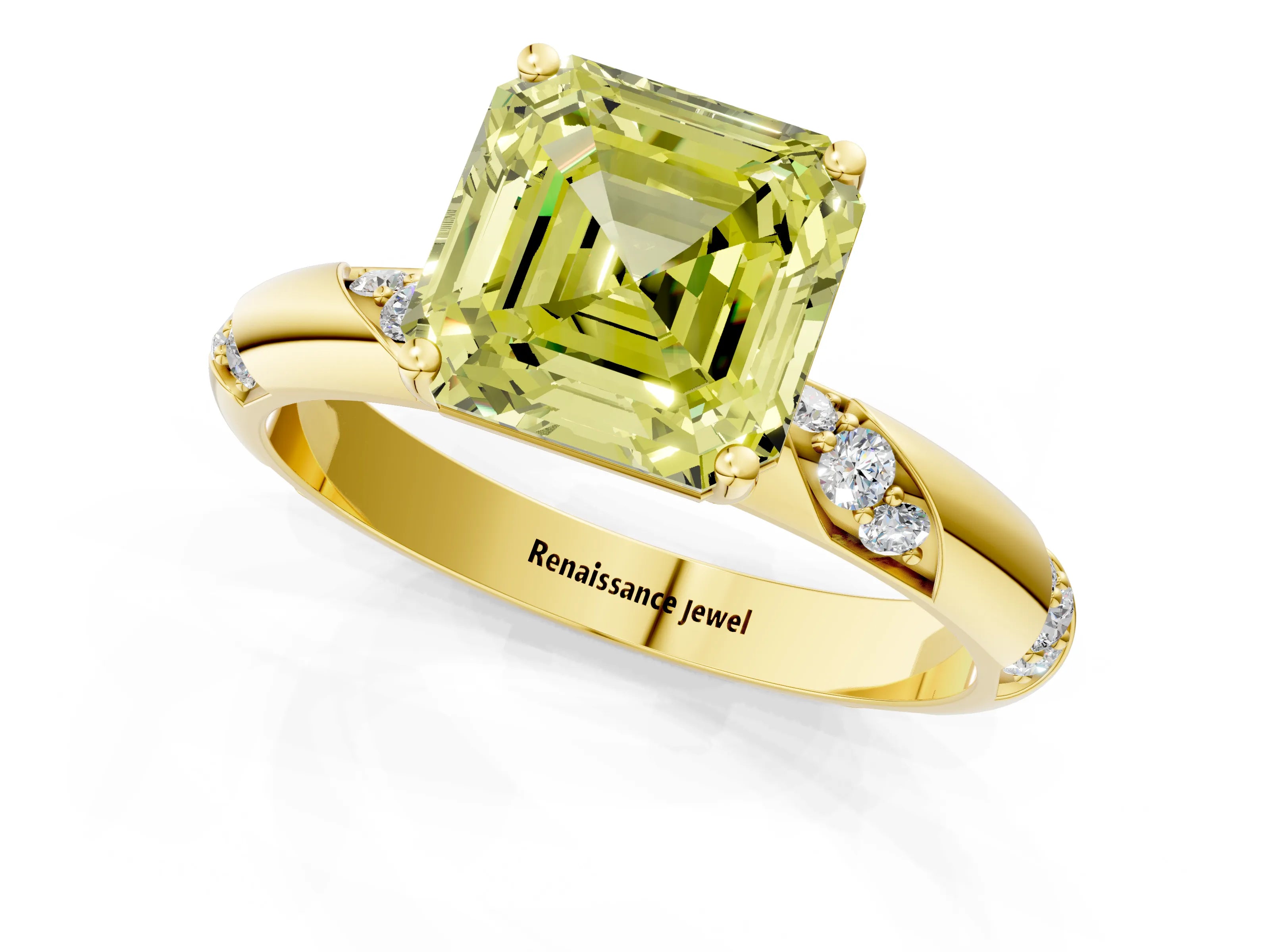 Yellow gold Fancy Yellow Asscher Cut Solitaire Diamond Engagement Ring with Twisted Pave Band and Four-Prong Setting_4