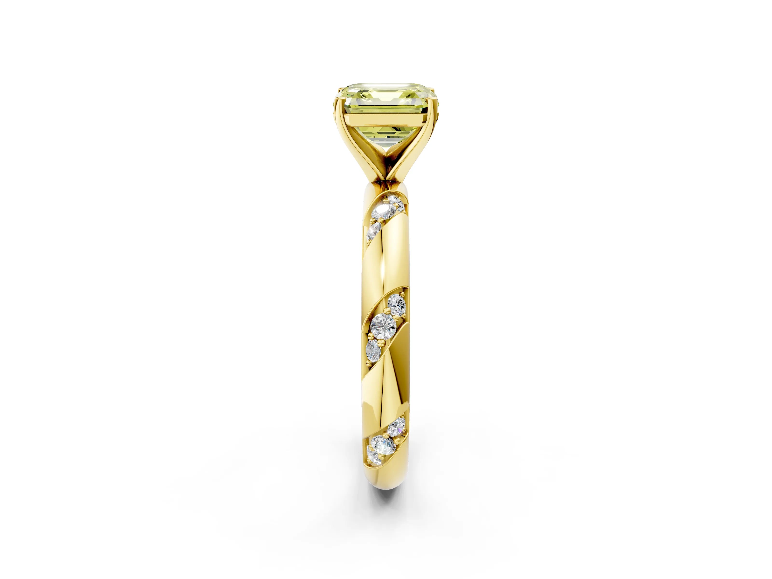 Yellow gold Fancy Yellow Asscher Cut Solitaire Diamond Engagement Ring with Twisted Pave Band and Four-Prong Setting_5