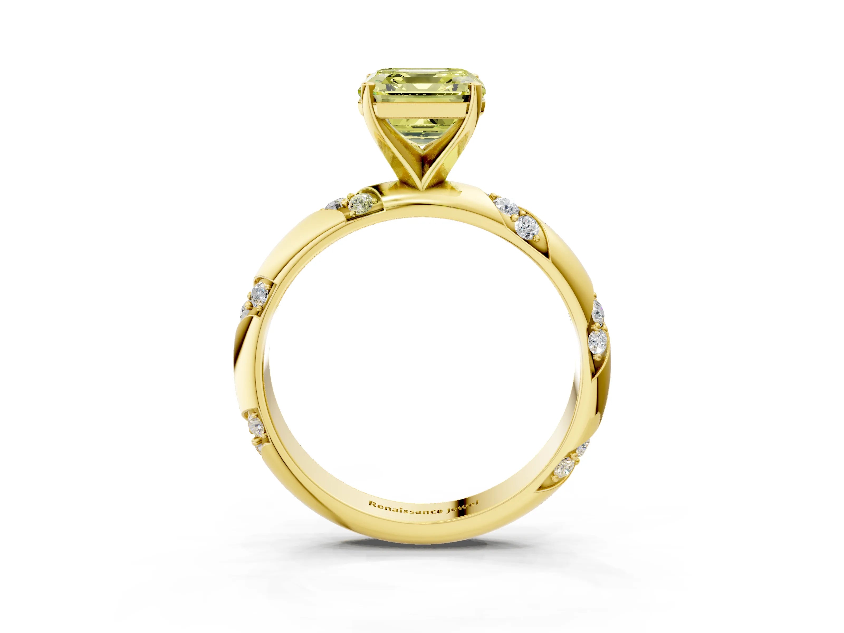 Yellow gold Fancy Yellow Asscher Cut Solitaire Diamond Engagement Ring with Twisted Pave Band and Four-Prong Setting_6