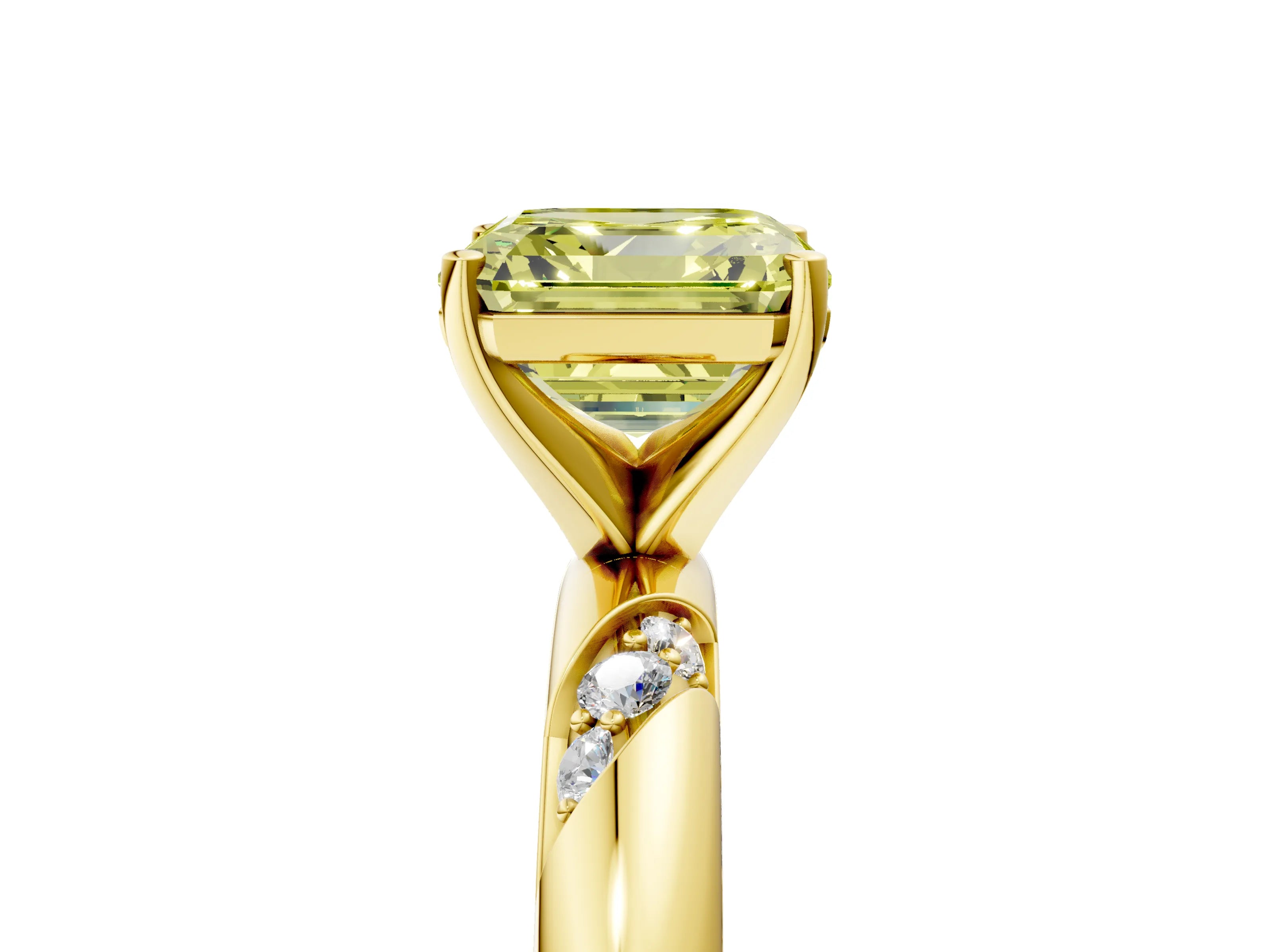 Yellow gold Fancy Yellow Asscher Cut Solitaire Diamond Engagement Ring with Twisted Pave Band and Four-Prong Setting_8