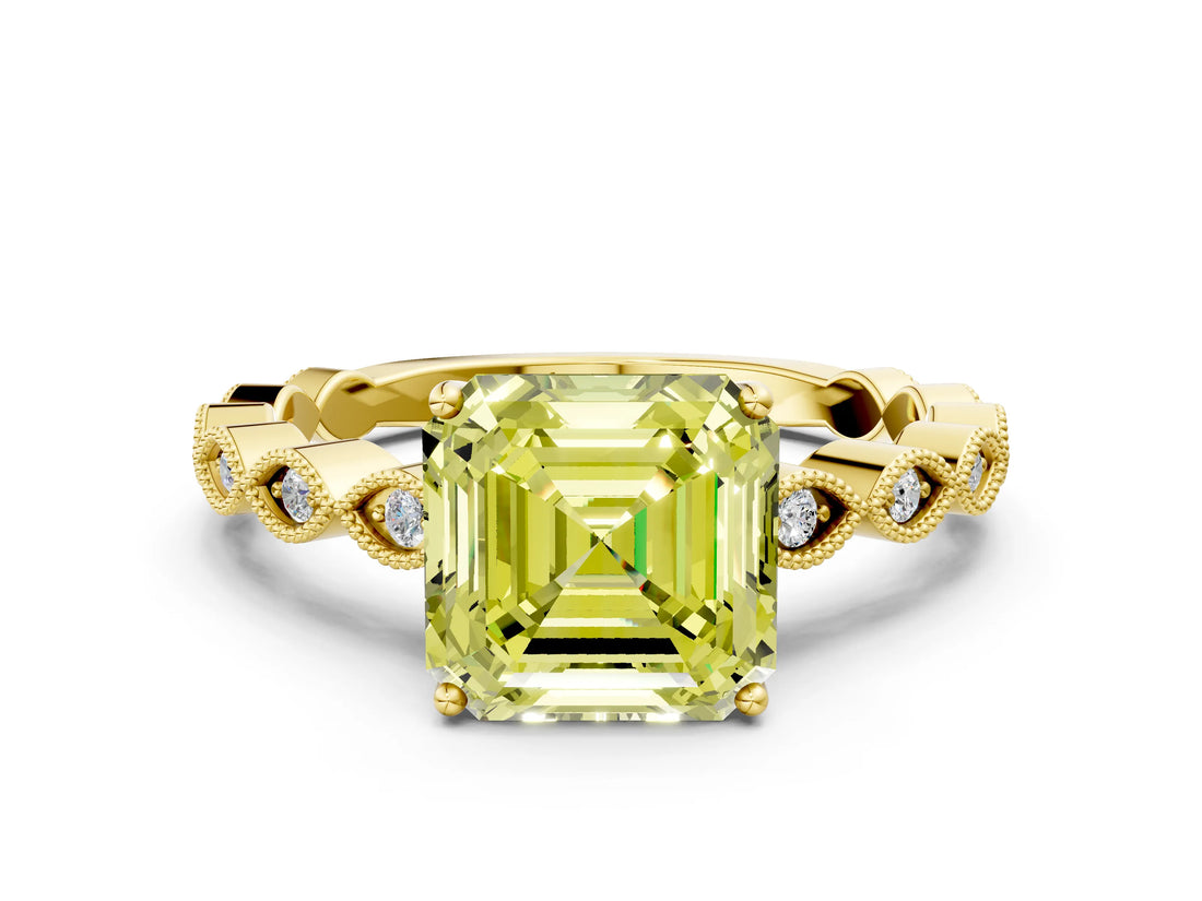 Yellow gold Fancy Yellow Asscher Cut Solitaire Diamond Ring with Infinity Twist Band and Four-Prong Setting