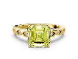 Yellow gold Fancy Yellow Asscher Cut Solitaire Diamond Ring with Infinity Twist Band and Four-Prong Setting