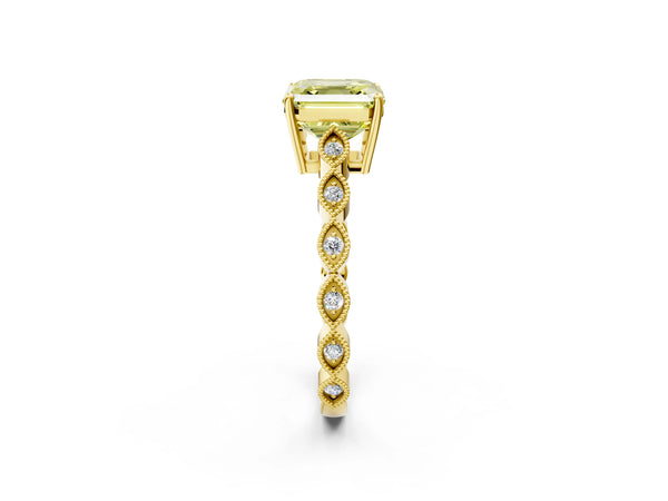 Yellow gold Fancy Yellow Asscher Cut Solitaire Diamond Ring with Infinity Twist Band and Four-Prong Setting
