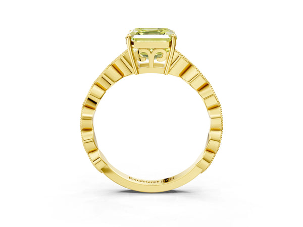 Yellow gold Fancy Yellow Asscher Cut Solitaire Diamond Ring with Infinity Twist Band and Four-Prong Setting