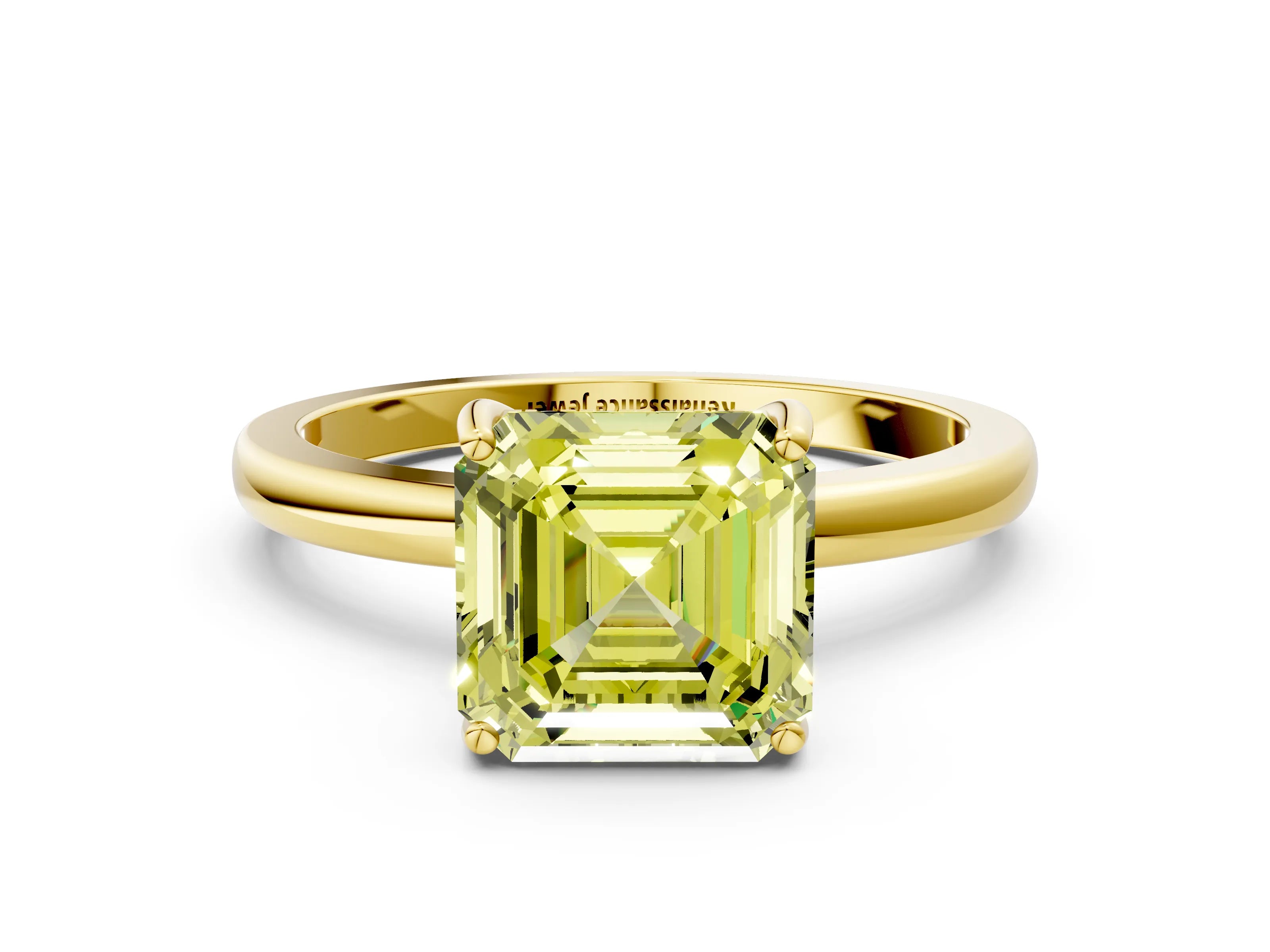 Yellow gold Fancy Yellow Asscher Cut Solitaire Diamond Ring with Prong Setting and Plain Band