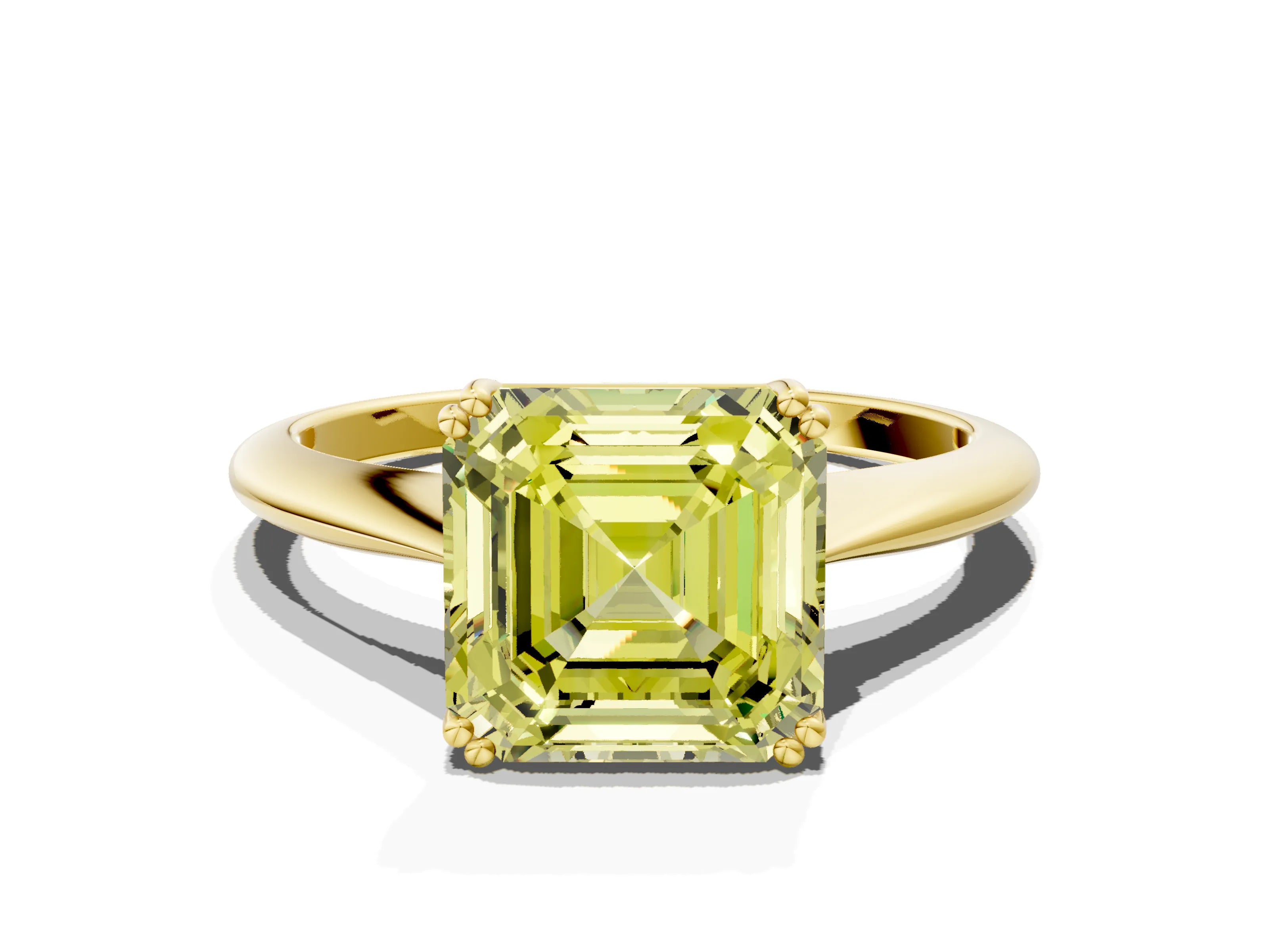 Yellow gold Fancy Yellow Asscher Cut Solitaire Diamond Ring with Six-Prong Setting and Classic Band