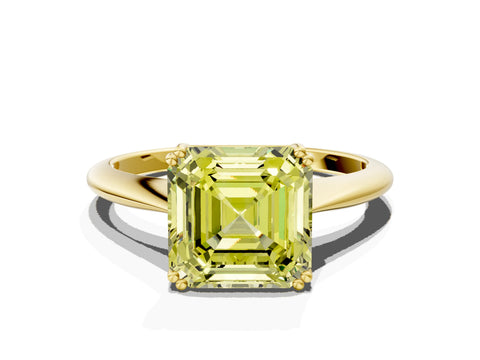 Yellow gold Fancy Yellow Asscher Cut Solitaire Diamond Ring with Six-Prong Setting and Classic Band