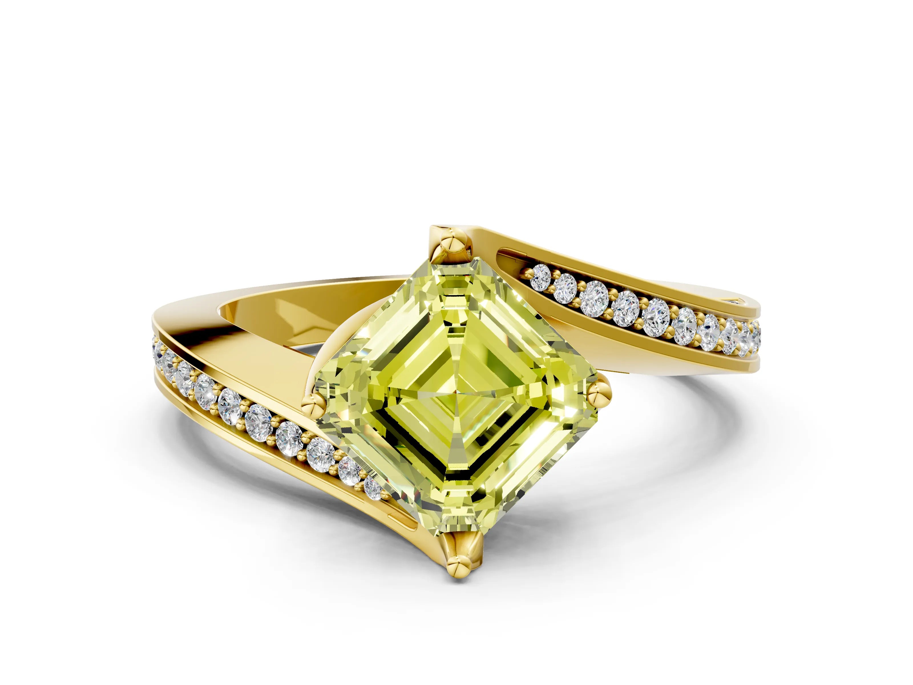 Yellow gold Fancy Yellow Asscher Cut Solitaire Diamond Twist Band with Pavé Setting and Four-Prong Setting