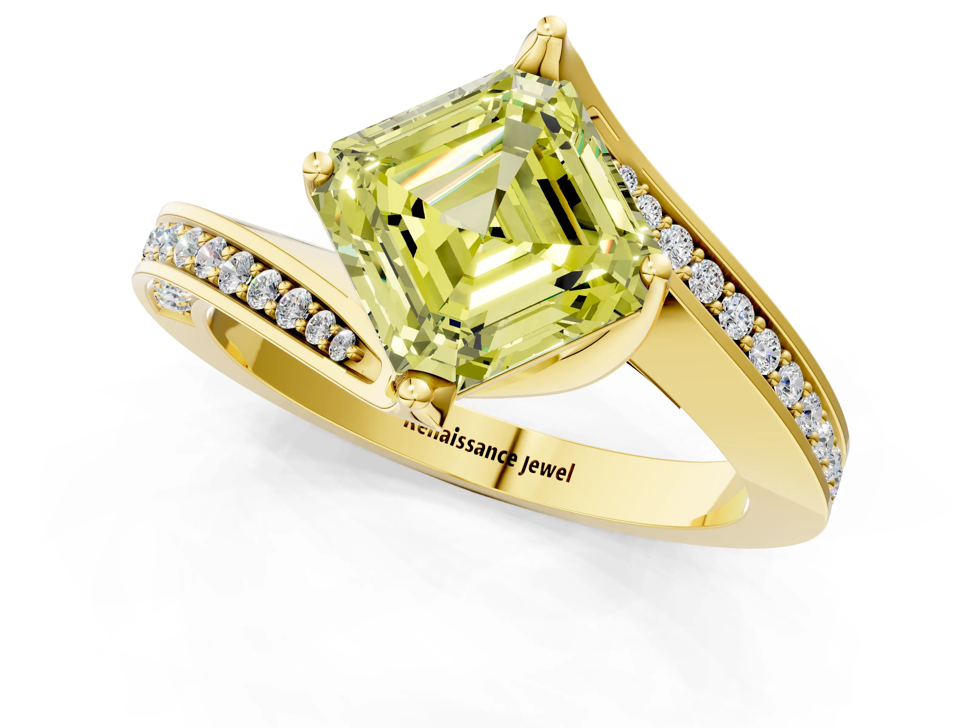Yellow gold Fancy Yellow Asscher Cut Solitaire Diamond Twist Band with Pavé Setting and Four-Prong Setting_1