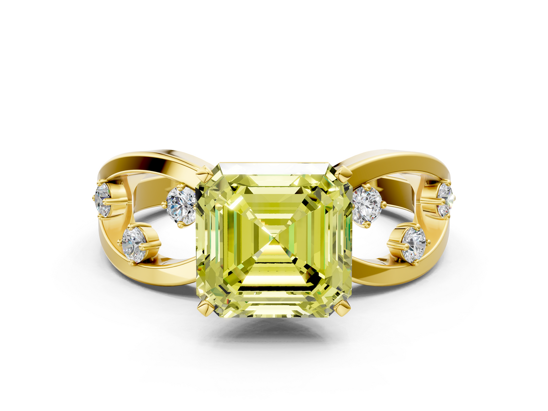 Yellow gold Fancy Yellow Asscher  Cut Solitaire Diamond with Side Stones on Criss-Cross Band and Four-Prong Setting_16