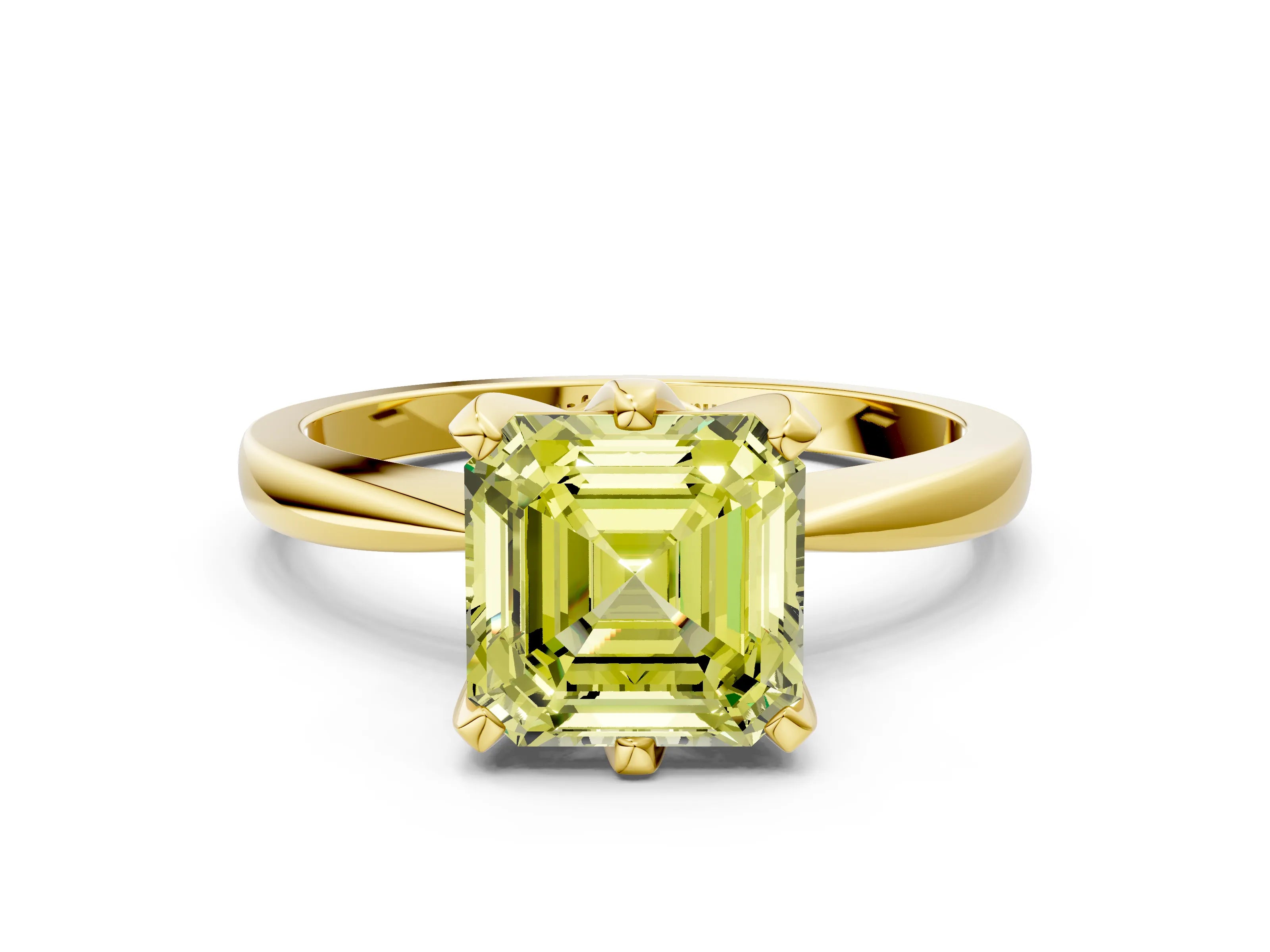 Yellow gold Fancy Yellow Asscher Cut Solitaire Engagement Ring with Six-Prong Setting and Tapered Band