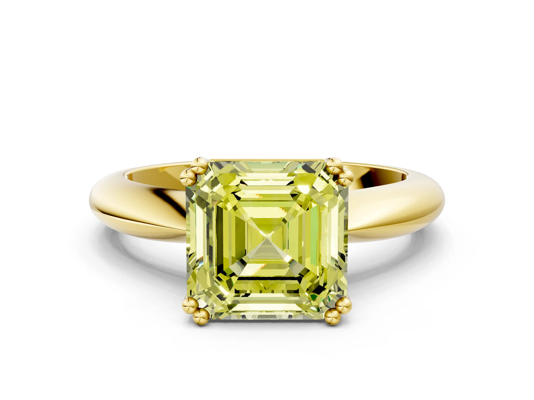 Yellow gold Fancy Yellow Asscher  Cut Solitaire Engagement Ring with Tapered Band and Four-Prong Setting