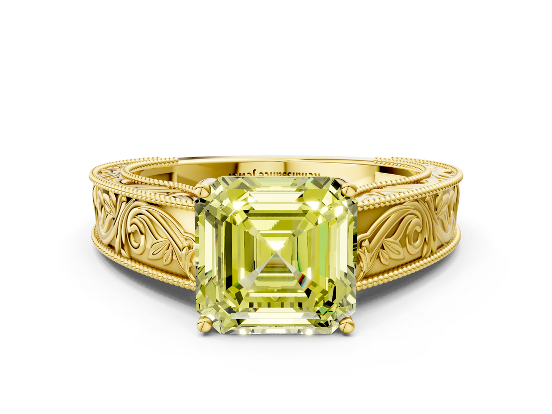 Yellow gold Fancy Yellow Asscher  Cut Solitaire Engraved Band with Four-Prong Setting