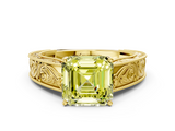 Yellow gold Fancy Yellow Asscher  Cut Solitaire Engraved Band with Four-Prong Setting