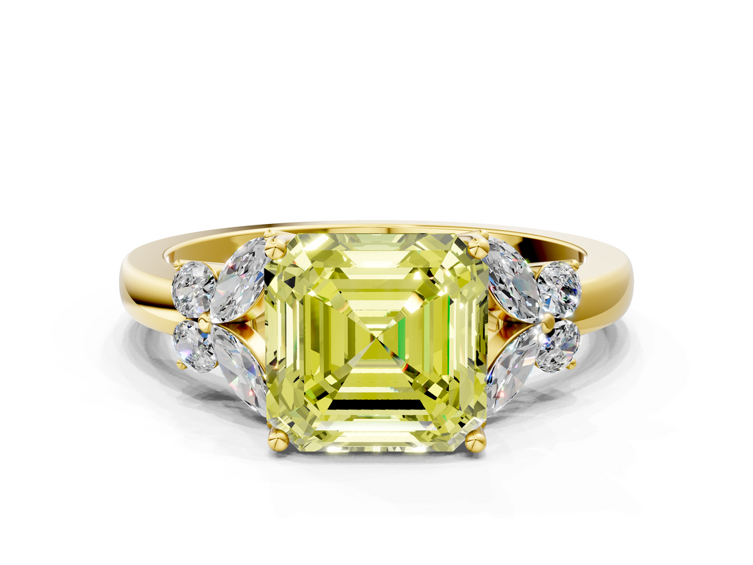 Yellow gold Fancy Yellow Asscher  Cut Solitaire Floral Diamond Ring with Four-Prong Setting_8