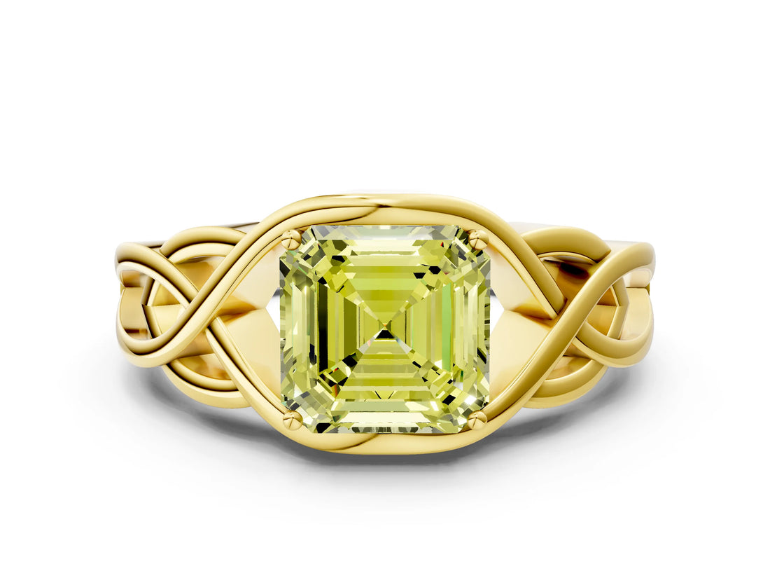 Yellow gold Fancy Yellow Asscher Cut Solitaire Intertwined Band Prong Setting Ring