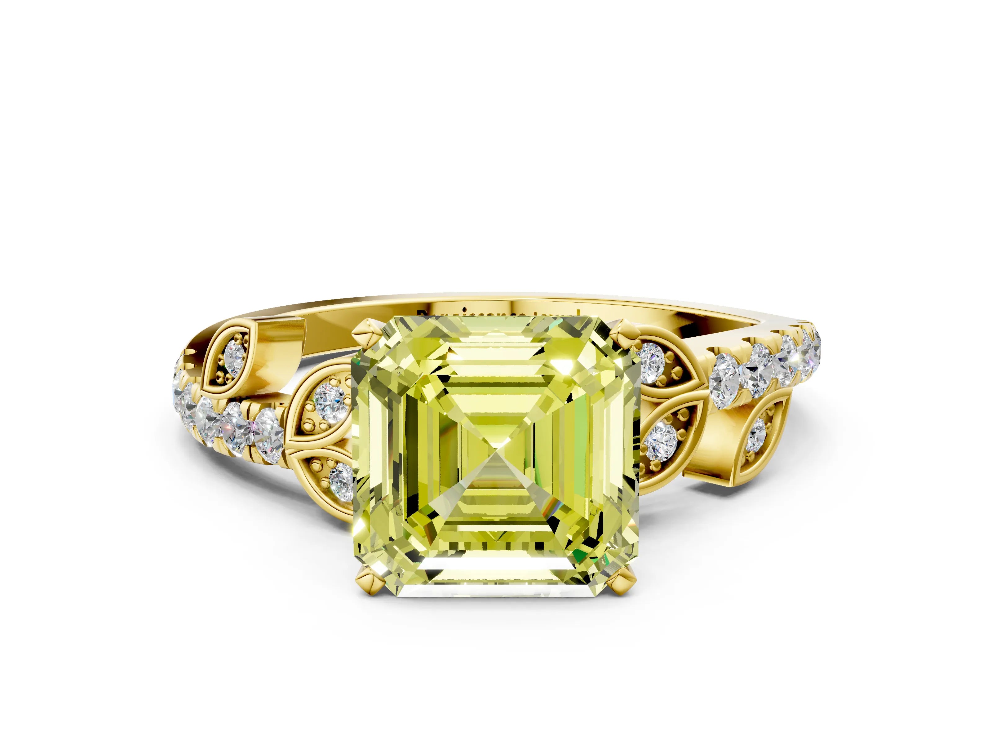 Yellow gold Fancy Yellow Asscher Cut Solitaire Leaf-Inspired Diamond Ring with Pavé Band and Four-Prong Setting