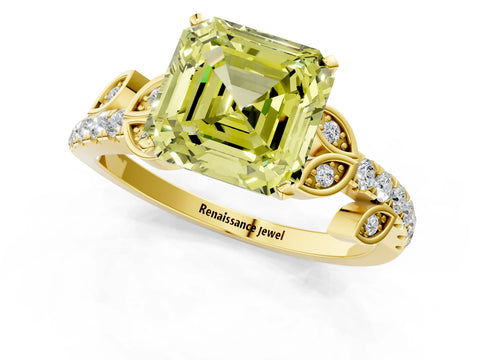Yellow gold Fancy Yellow Asscher Cut Solitaire Leaf-Inspired Diamond Ring with Pavé Band and Four-Prong Setting_1