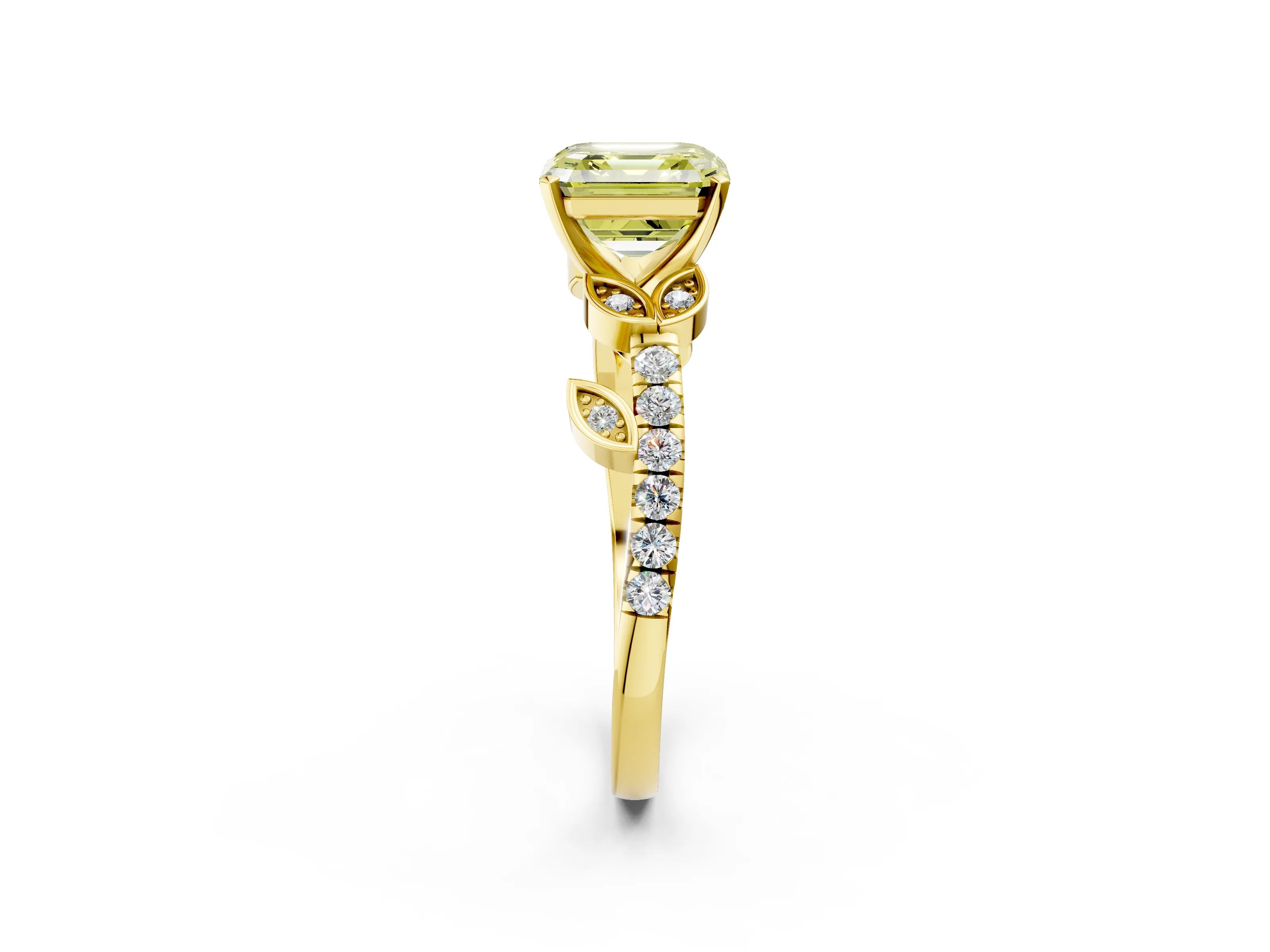 Yellow gold Fancy Yellow Asscher Cut Solitaire Leaf-Inspired Diamond Ring with Pavé Band and Four-Prong Setting_2