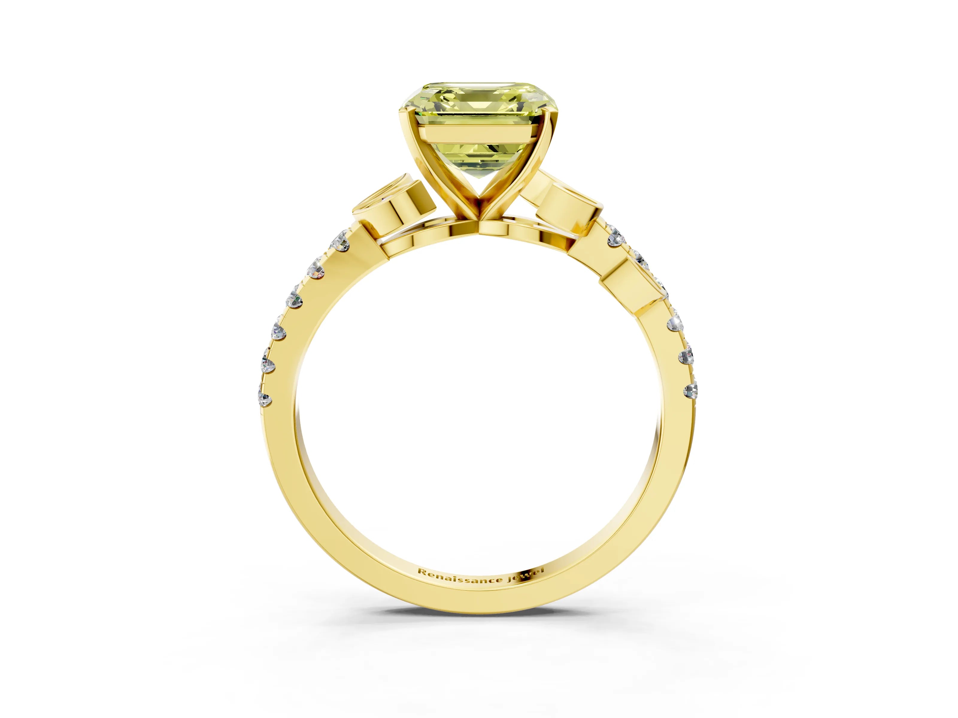 Yellow gold Fancy Yellow Asscher Cut Solitaire Leaf-Inspired Diamond Ring with Pavé Band and Four-Prong Setting_3