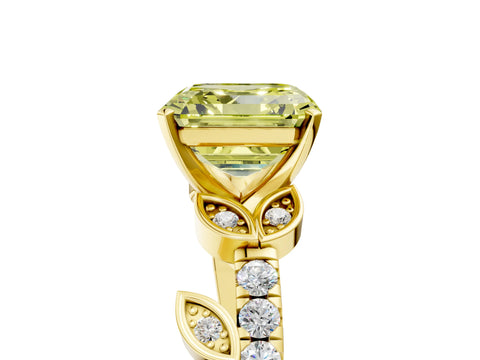 Yellow gold Fancy Yellow Asscher Cut Solitaire Leaf-Inspired Diamond Ring with Pavé Band and Four-Prong Setting_5