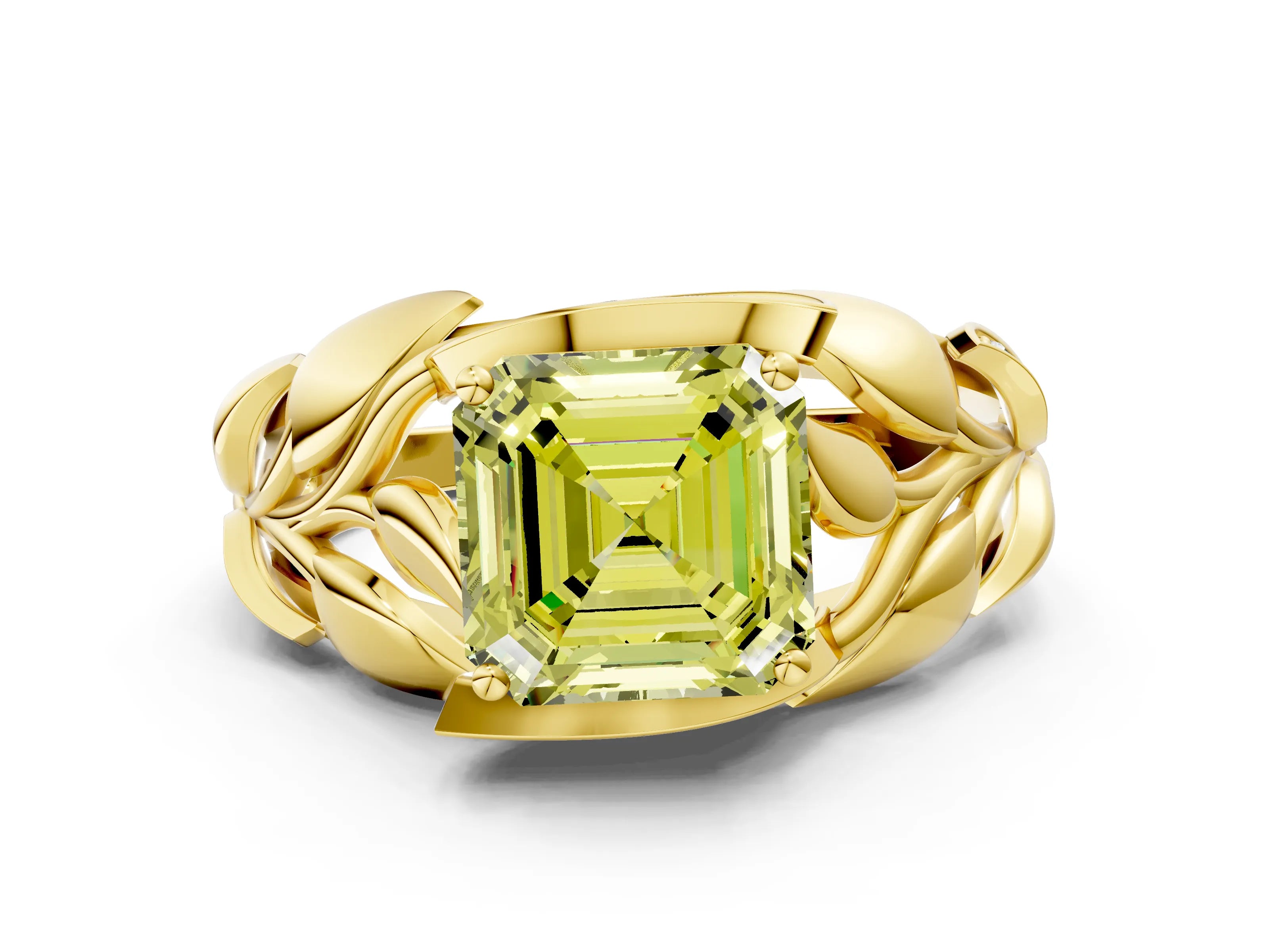 Yellow gold Fancy Yellow Asscher Cut Solitaire Leaf-Inspired Engagement Ring with Prong Setting
