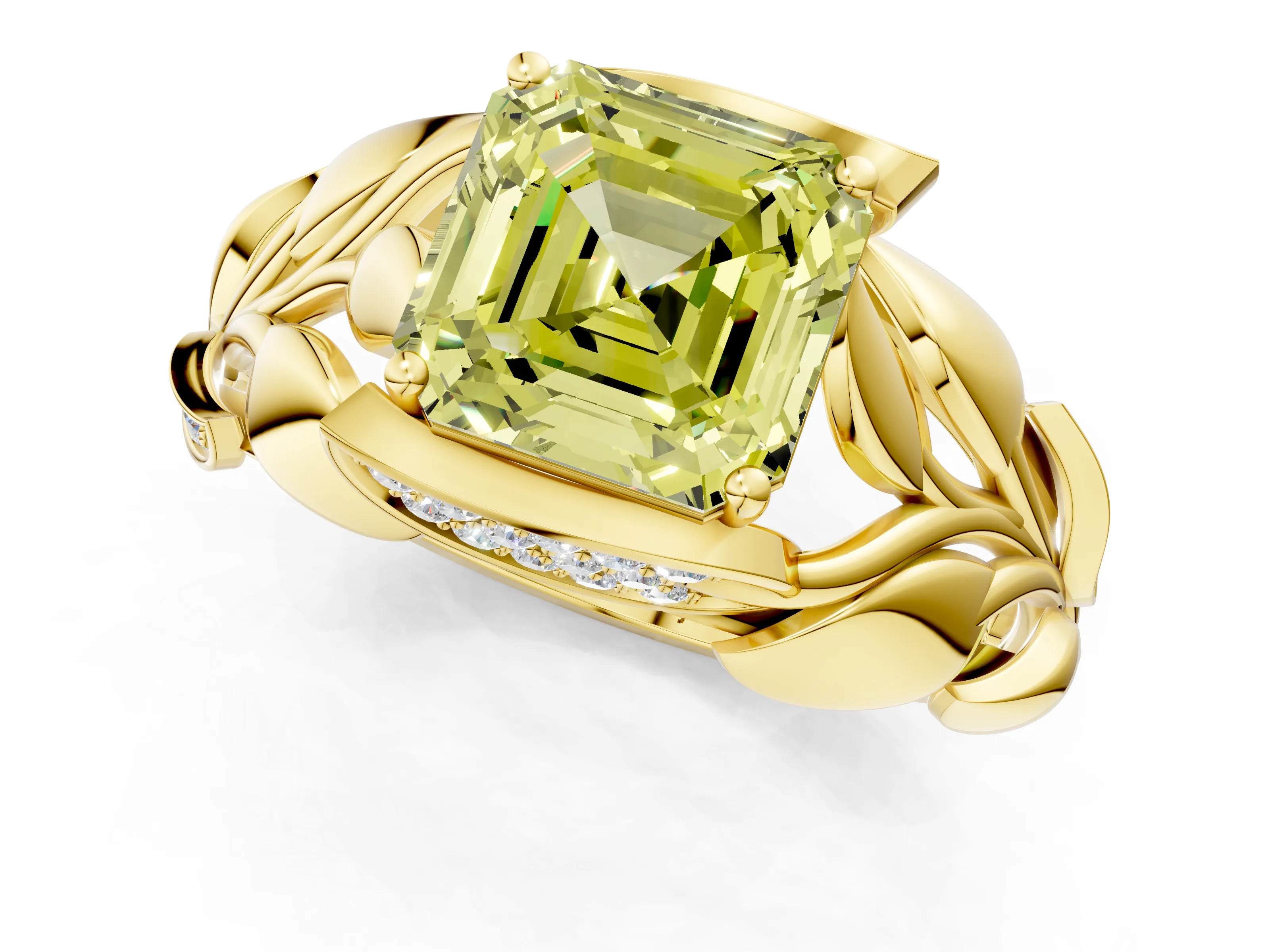 Yellow gold Fancy Yellow Asscher Cut Solitaire Leaf-Inspired Engagement Ring with Prong Setting_1