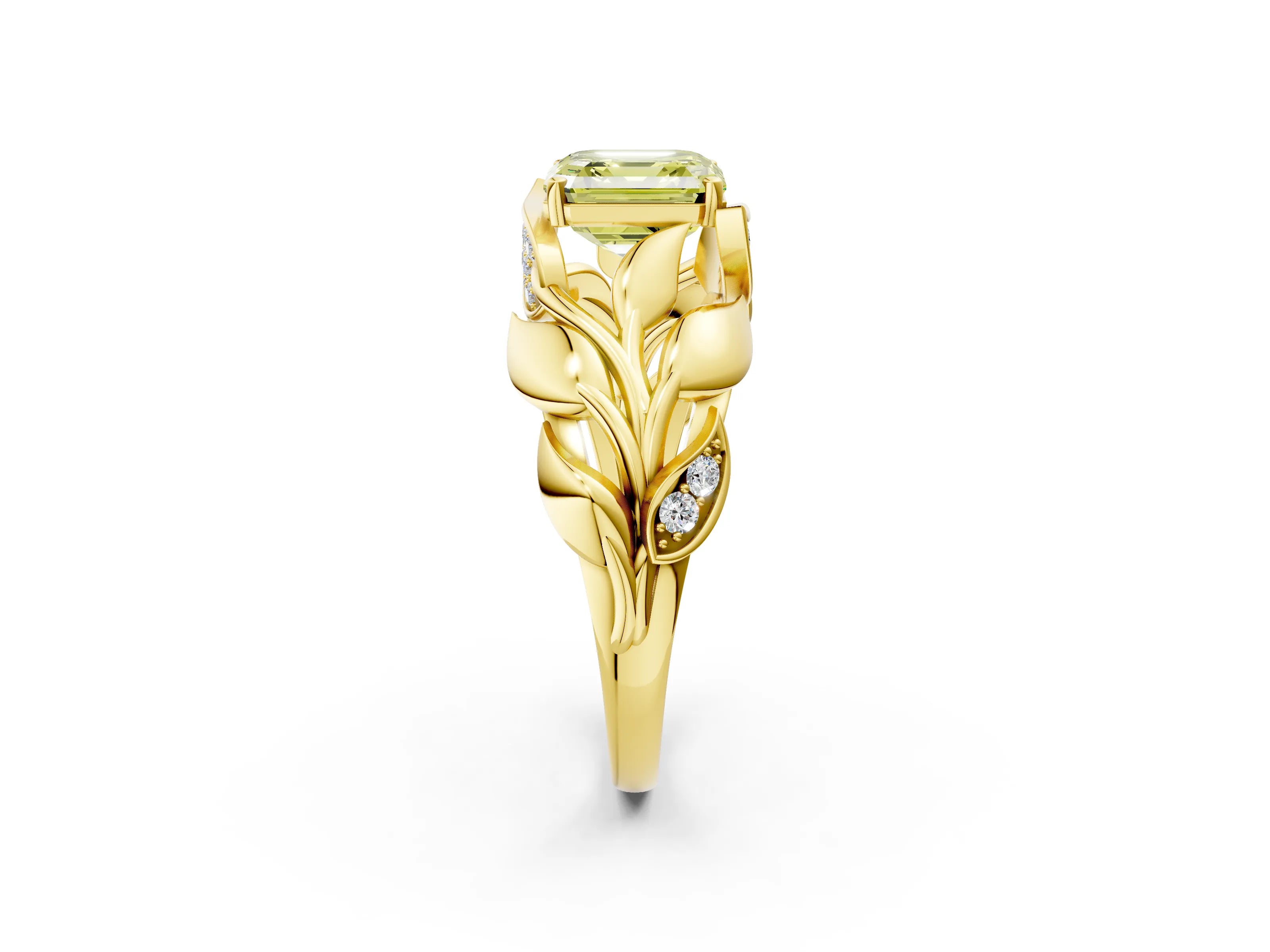 Yellow gold Fancy Yellow Asscher Cut Solitaire Leaf-Inspired Engagement Ring with Prong Setting_2