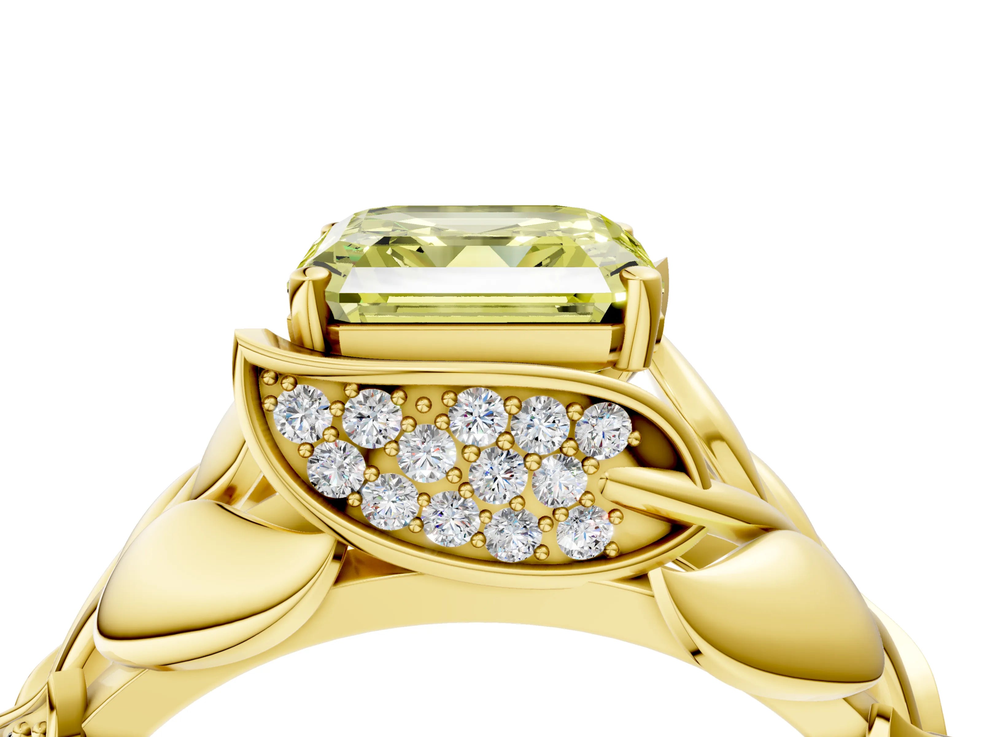 Yellow gold Fancy Yellow Asscher Cut Solitaire Leaf-Inspired Engagement Ring with Prong Setting_4