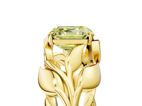 Yellow gold Fancy Yellow Asscher Cut Solitaire Leaf-Inspired Engagement Ring with Prong Setting_5