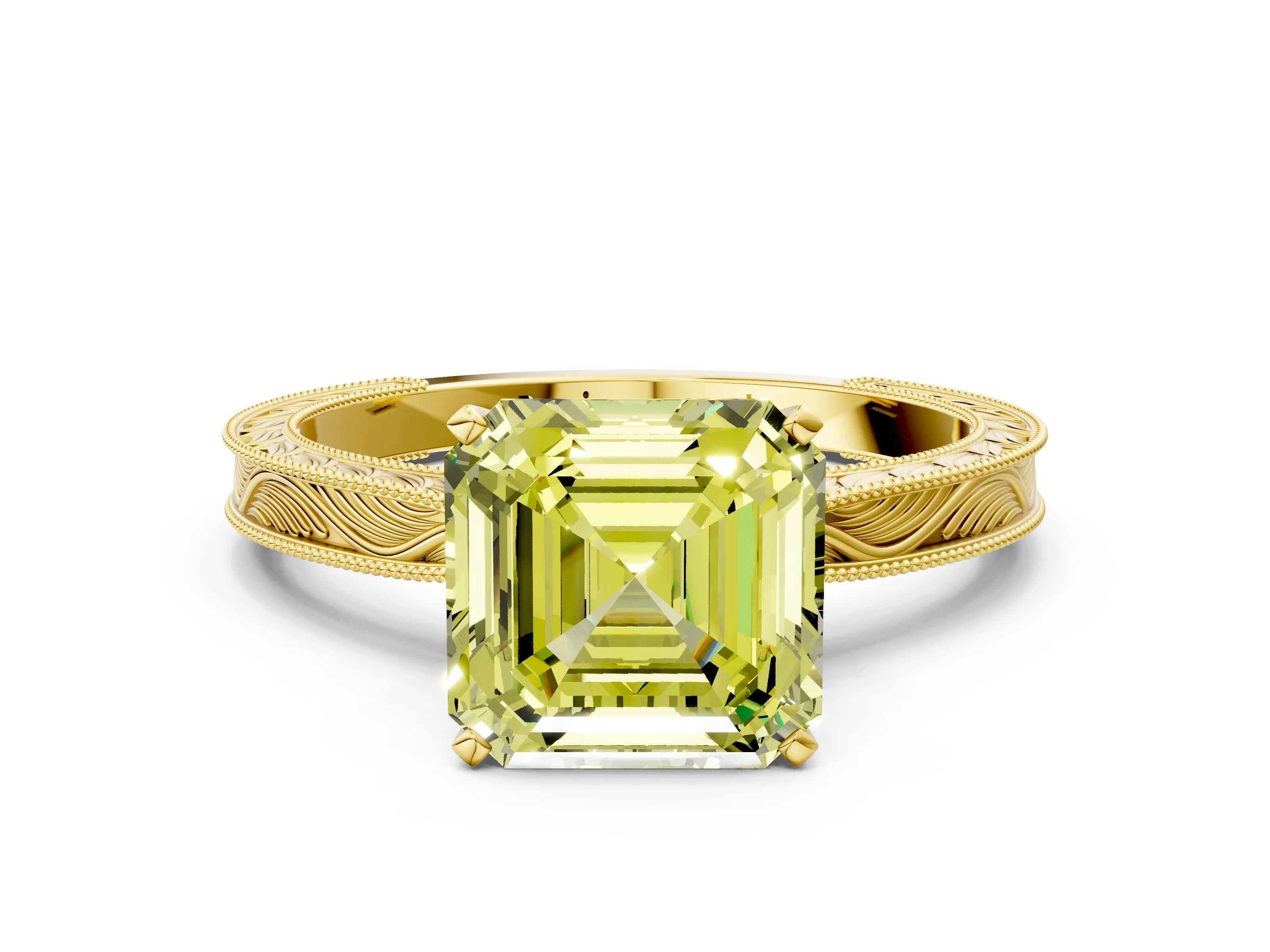 Yellow gold Fancy Yellow Asscher Cut Solitaire Milgrain Engraved Band with Four-Prong Setting