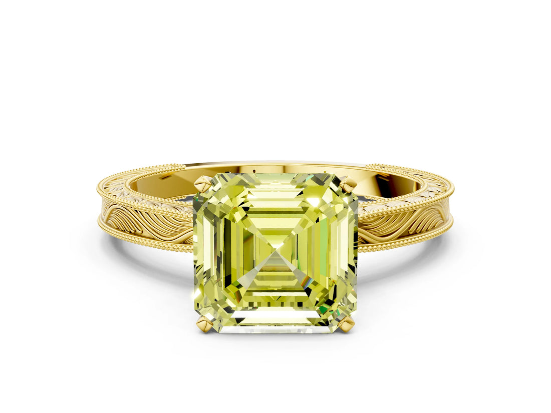 Yellow gold Fancy Yellow Asscher Cut Solitaire Milgrain Engraved Band with Four-Prong Setting