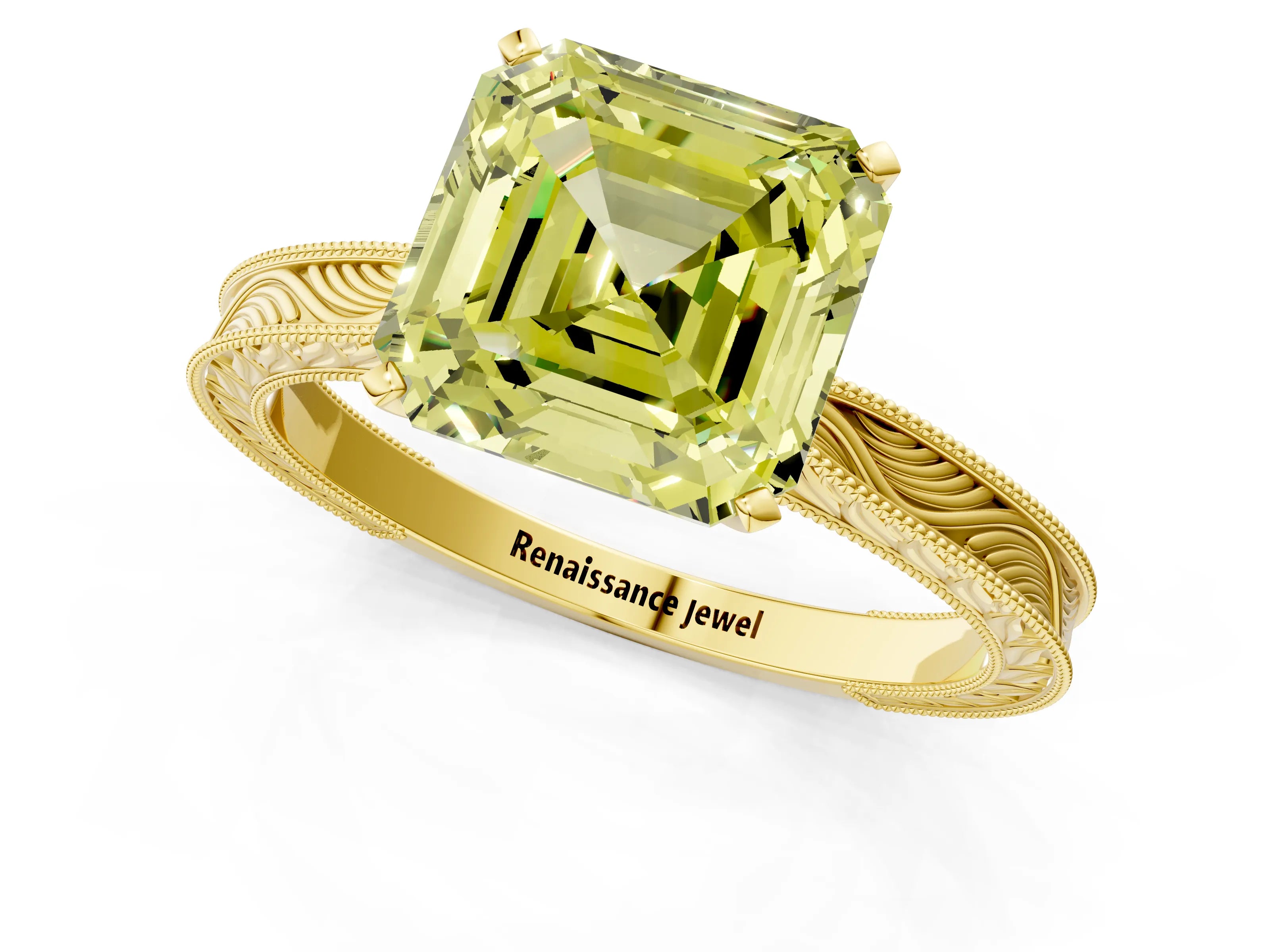 Yellow gold Fancy Yellow Asscher Cut Solitaire Milgrain Engraved Band with Four-Prong Setting_1
