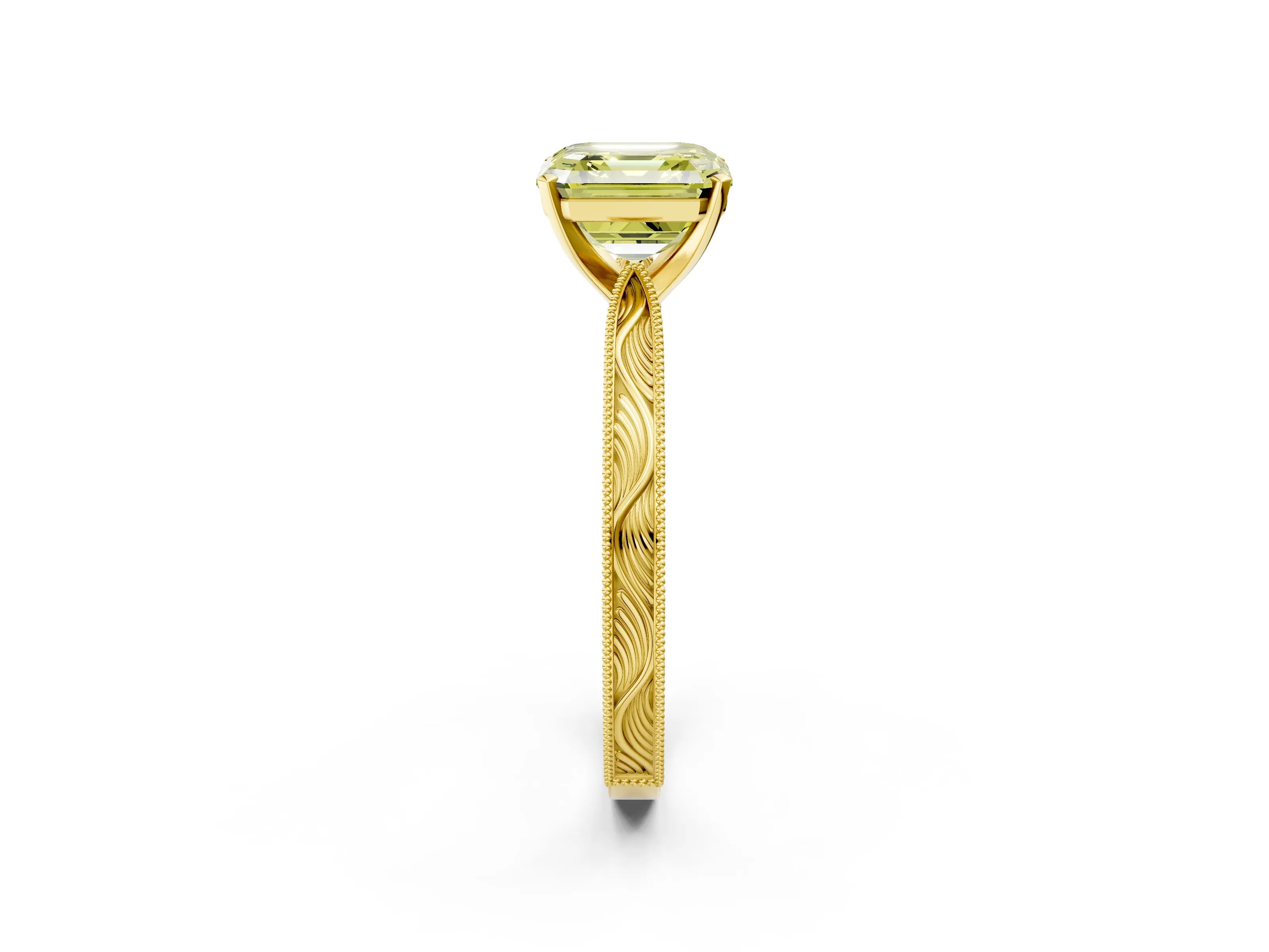 Yellow gold Fancy Yellow Asscher Cut Solitaire Milgrain Engraved Band with Four-Prong Setting_2